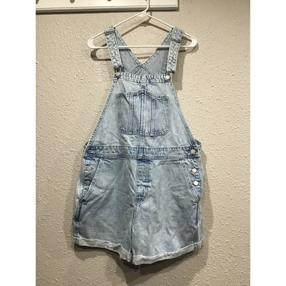 Old Navy Slouchy Straight Jean Shortalls Sz L Light Wash Denim Minimalist Summer - Picture 2 of 5